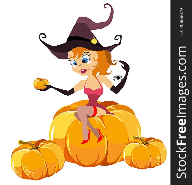 The small pretty witch sits on pumpkins with a spider