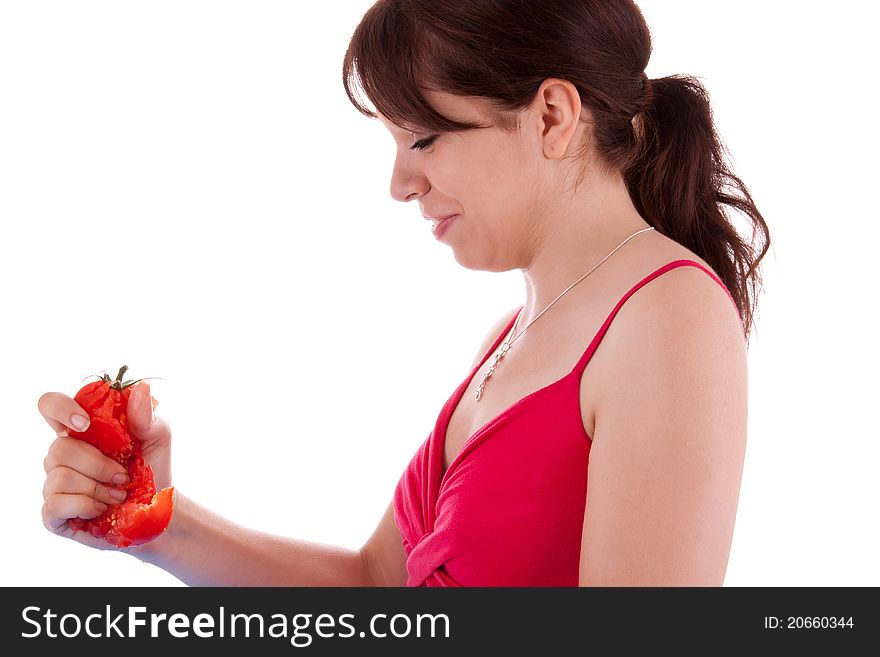 The pretty young woman in a crushed tomato. The pretty young woman in a crushed tomato