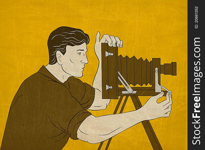 Illustration of a Cameraman with vintage camera shooting side view done in the style of cartoon style done in the style of Japanese wood block print. Illustration of a Cameraman with vintage camera shooting side view done in the style of cartoon style done in the style of Japanese wood block print.