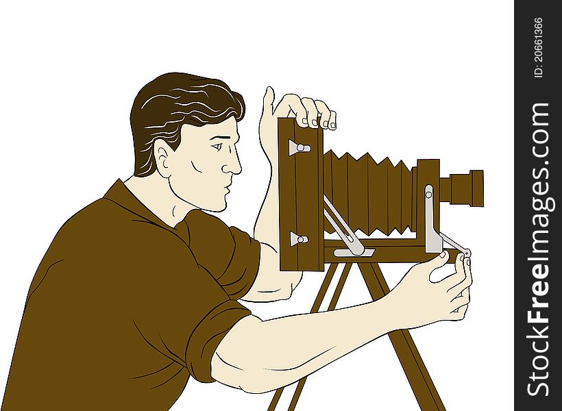 Illustration of a Cameraman with vintage camera shooting side view done in the style of cartoon style isolated on white. Illustration of a Cameraman with vintage camera shooting side view done in the style of cartoon style isolated on white