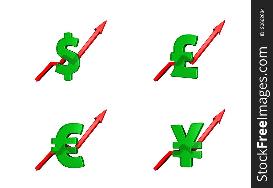 Money symbols with red arrow pointing upward isolated with white background. Money symbols with red arrow pointing upward isolated with white background