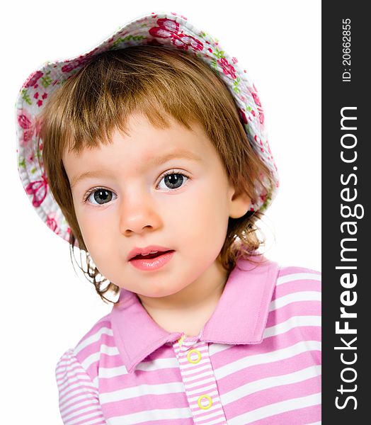 Cute little girl close-up on white background