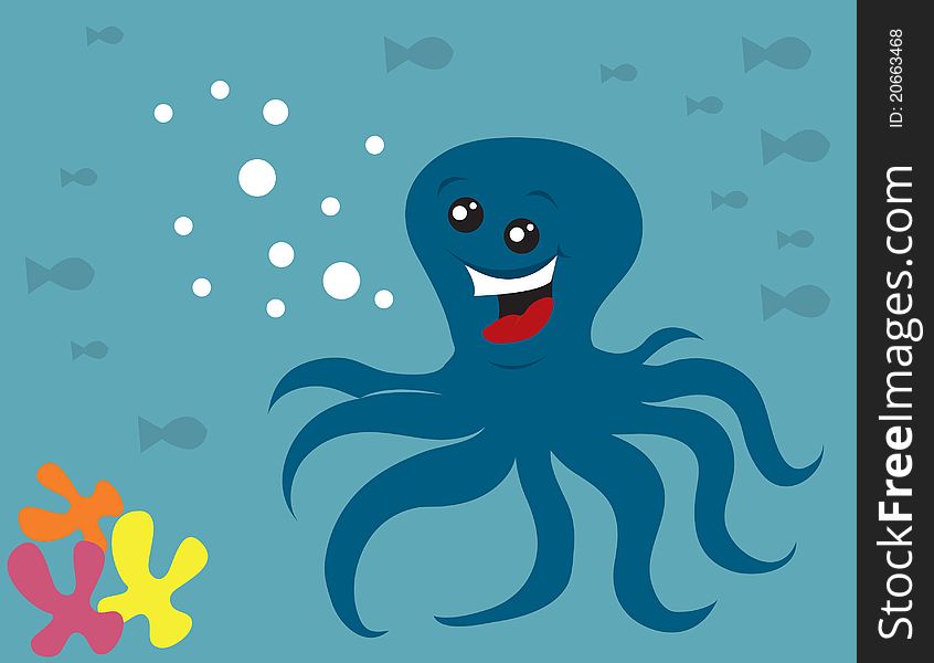 Octopus smiling with bubbles and fish in the background. Octopus smiling with bubbles and fish in the background.
