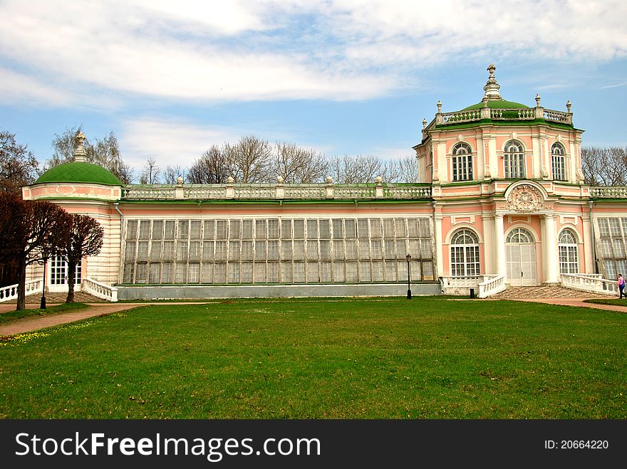The facade of the palace-hall with conservatory in the Russian baroque style. The facade of the palace-hall with conservatory in the Russian baroque style.