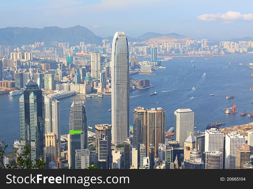 Hong Kong view at day time with mild color tone from the peak.