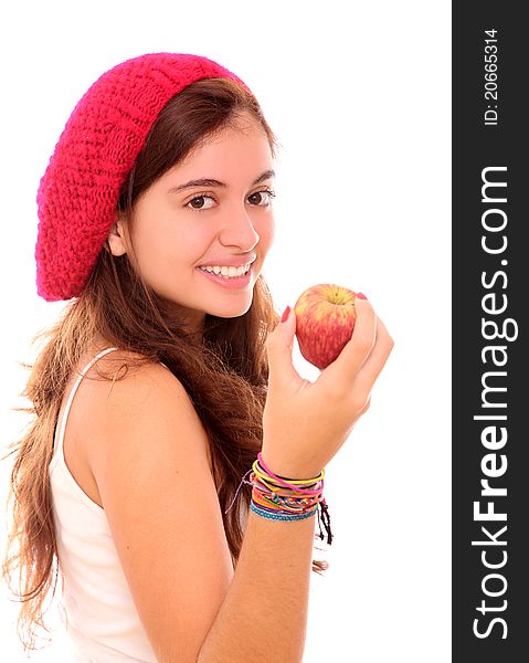 Young woman smiling with red apple with red hat isolated over white background. Young woman smiling with red apple with red hat isolated over white background
