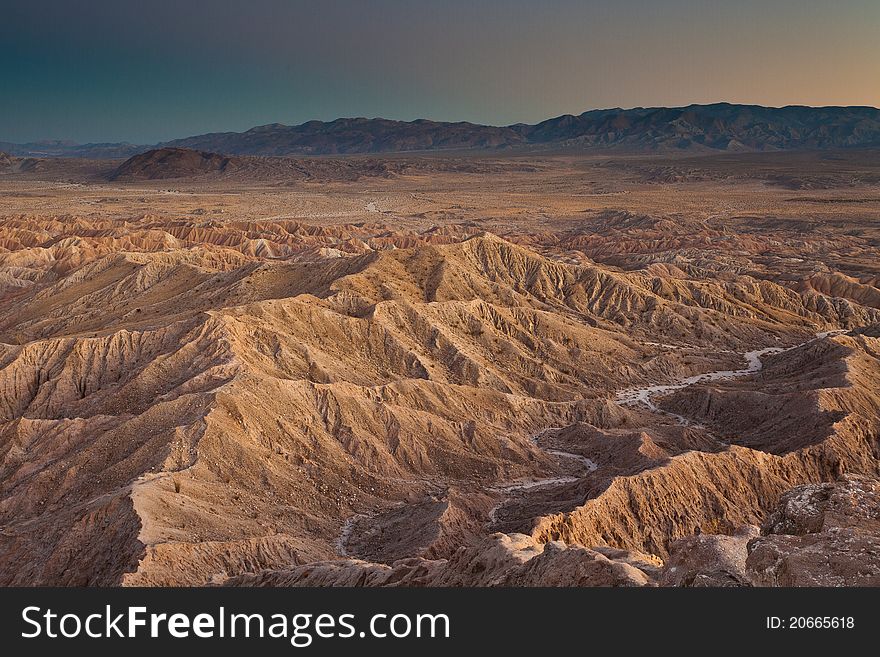 Badlands from Font point in Anza-Borrego desert state park at sunset, California. Badlands from Font point in Anza-Borrego desert state park at sunset, California