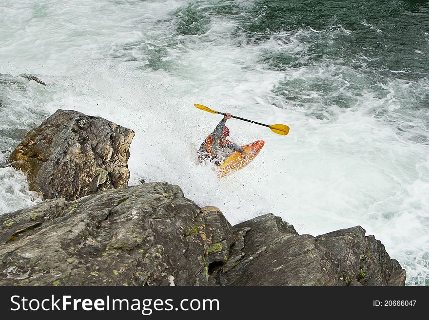Sportsman kayaker on whitewater river. Sportsman kayaker on whitewater river