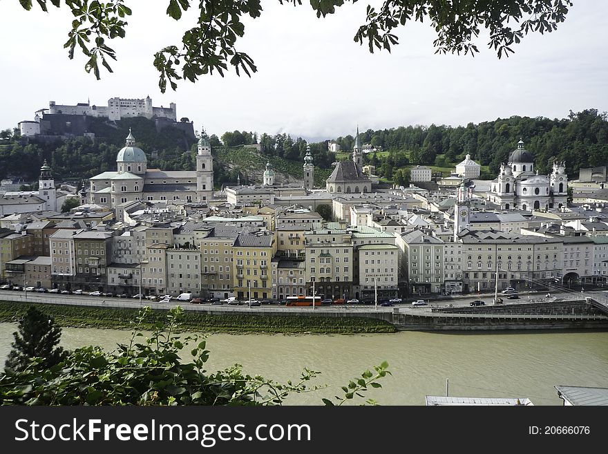 The historic city of Salzburg with the castle in the background. The historic city of Salzburg with the castle in the background