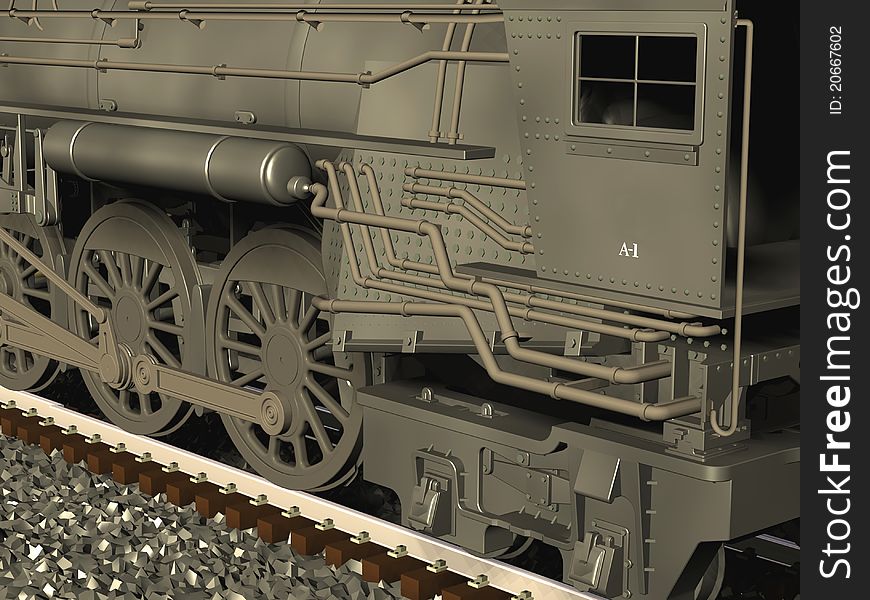 Computer image, 3D locomotive,railroad station and rails