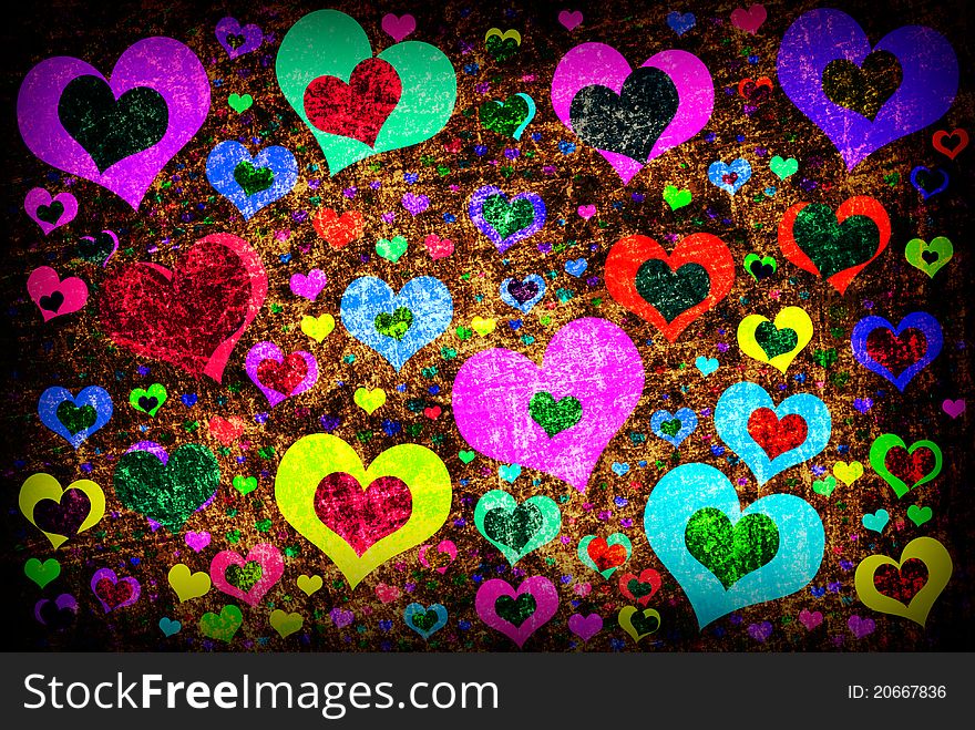 Grunge background with colorful hearts