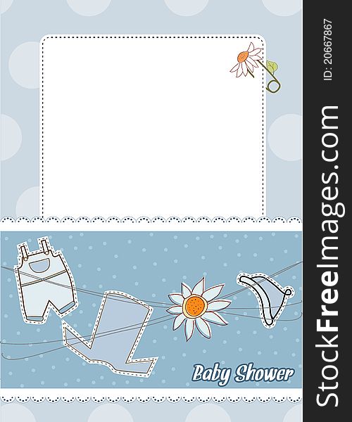 Baby announcement card with clothing and flowers. Baby announcement card with clothing and flowers