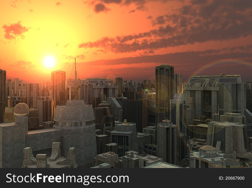 Modern city with sunset and clouds. Modern city with sunset and clouds