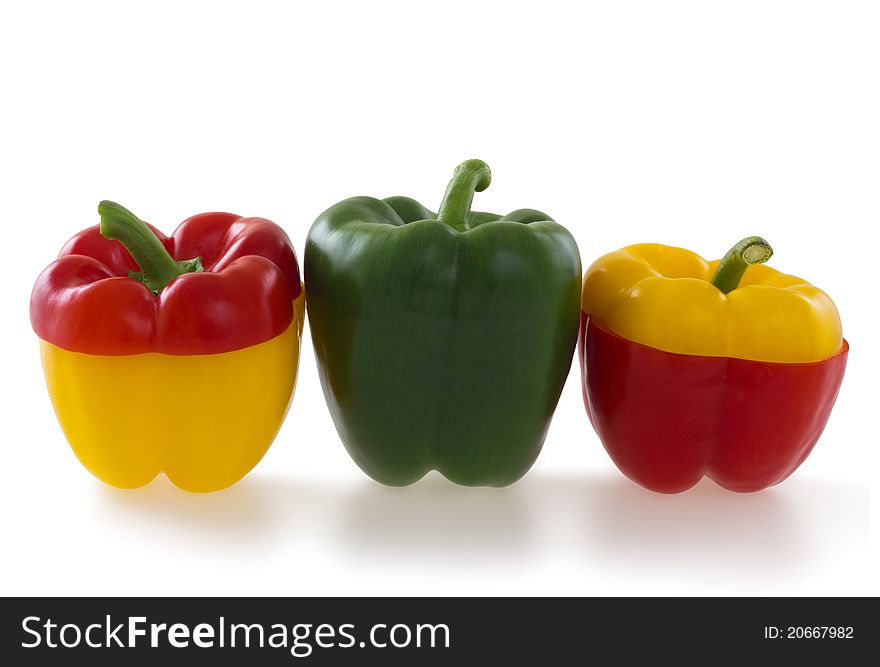 Three colorful bell pepper, on white background. Three colorful bell pepper, on white background