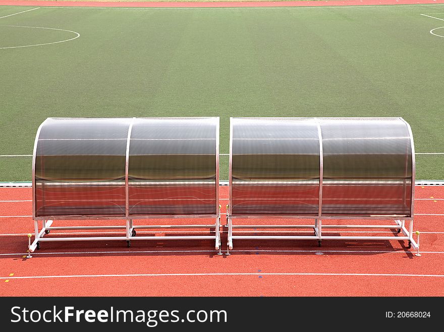 Coach and reserve benches in football soccer stadium. Coach and reserve benches in football soccer stadium