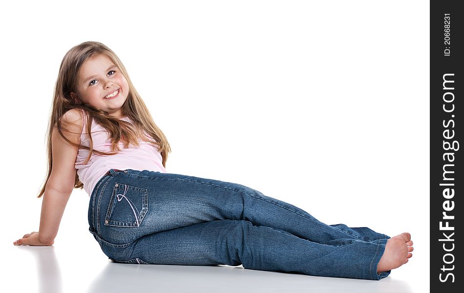 Cute Happy Little Girl Sitting On White Background