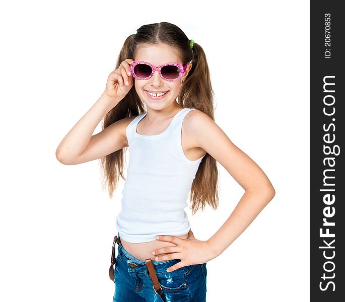 Cute girl with pink sunglasses isolated on white background