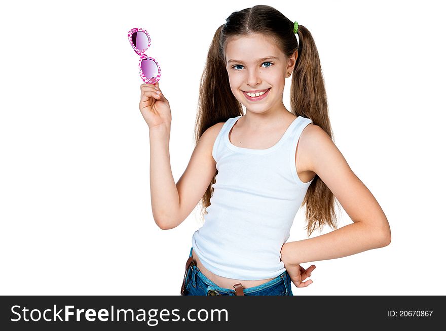 Cute girl with pink sunglasses isolated on white background