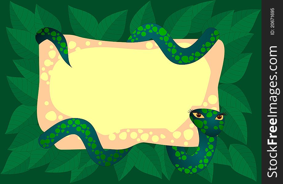 Cartoon style background with a snake against leaves. Cartoon style background with a snake against leaves