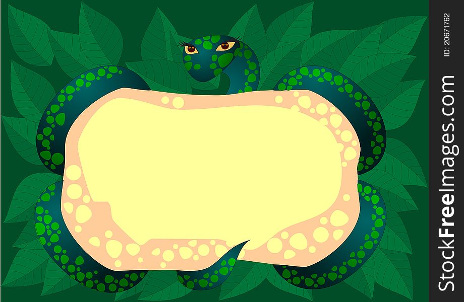 Cartoon style background with a snake against leaves. Cartoon style background with a snake against leaves