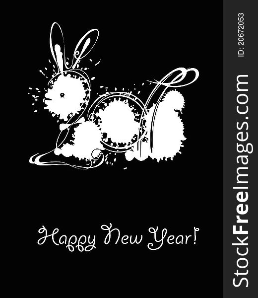 Blob rabbit in the new year on a black background. Christmas card