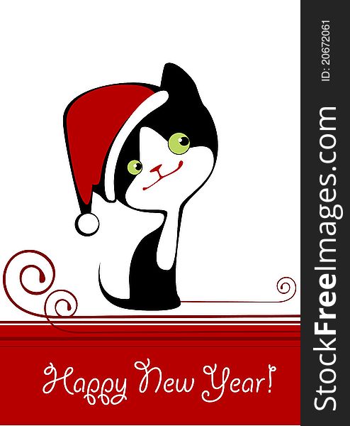 Christmas kitten playing with a cap.Christmas card