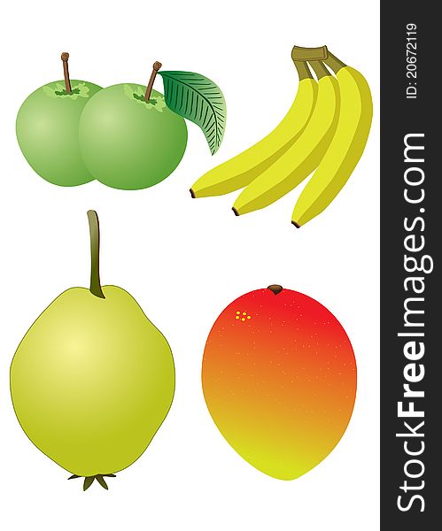 Set of fruits on the white background. Apple, banana, mango, quince.