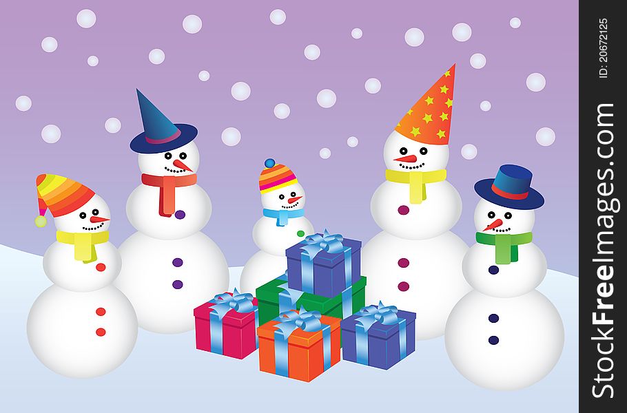 Five snowmen standing around boxes with presents. Five snowmen standing around boxes with presents