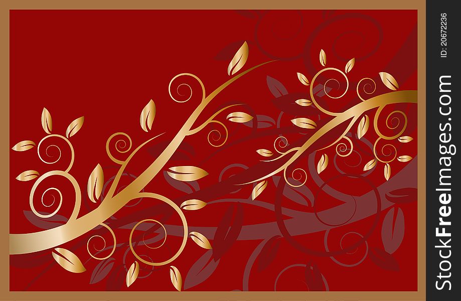 Golden floral ornament on a dark red background. Golden floral ornament on a dark red background