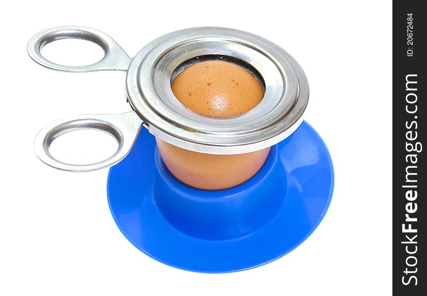 Soft-boiled egg in the stand on white background