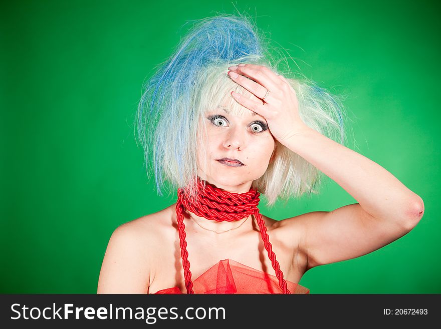 Crazy girl with multicolor hair in tulle;. Crazy girl with multicolor hair in tulle;