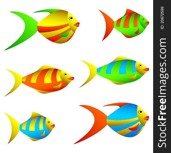 Multicolored small fishes on a white background. Multicolored small fishes on a white background.