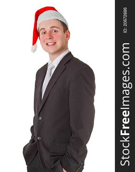 Caucasian businessman with chrismas hat isolated on white background