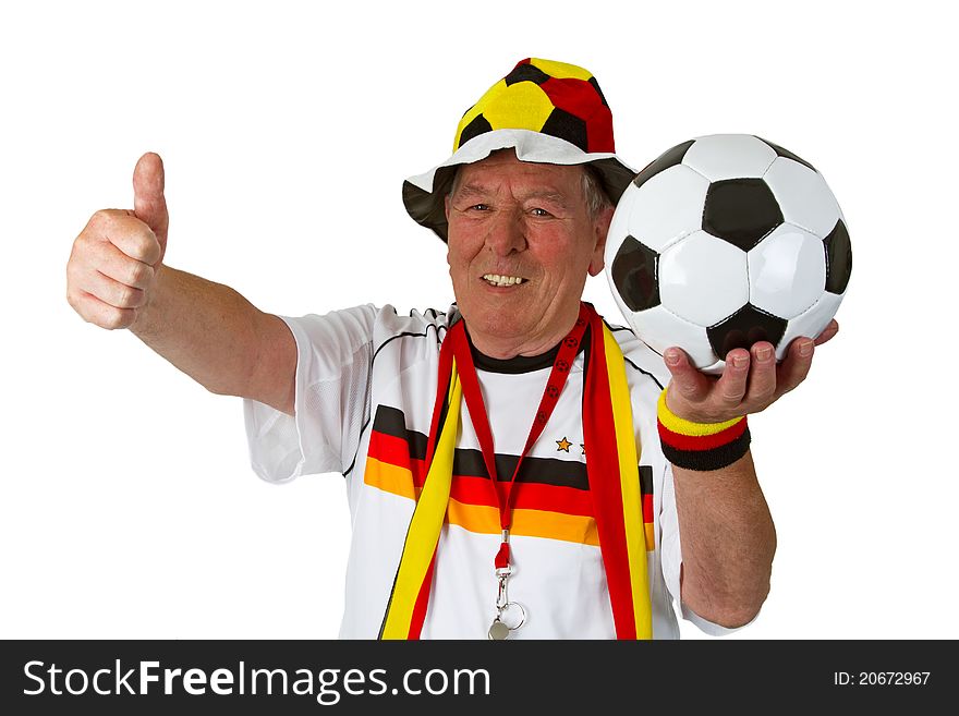 Senior soccer fan isolated on white background