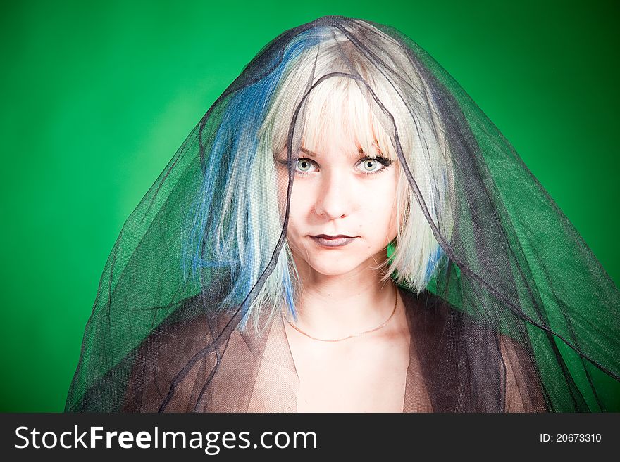 Crazy girl with multicolor hair in tulle;. Crazy girl with multicolor hair in tulle;