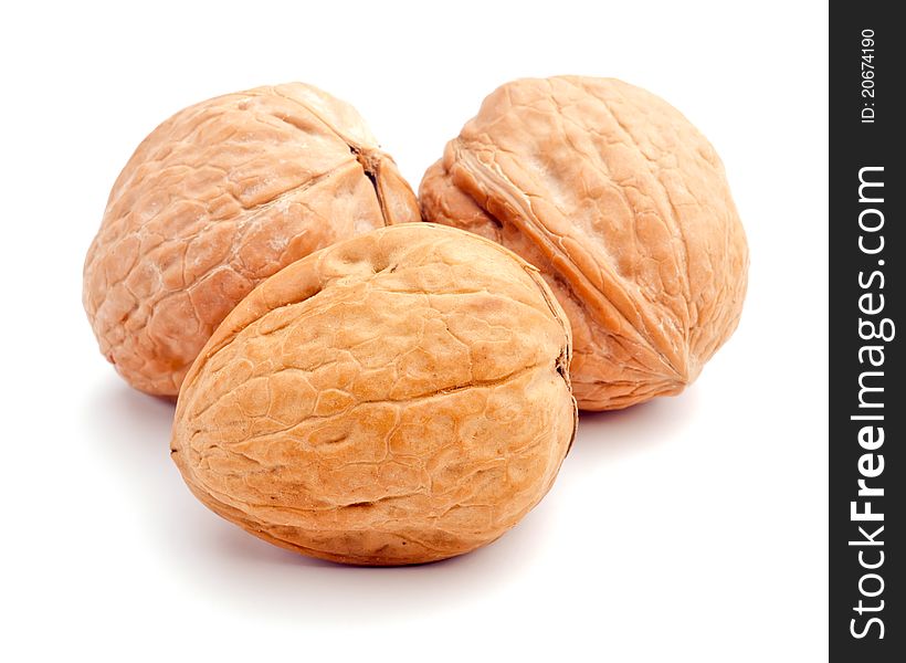 Studio shot of three walnuts on white background