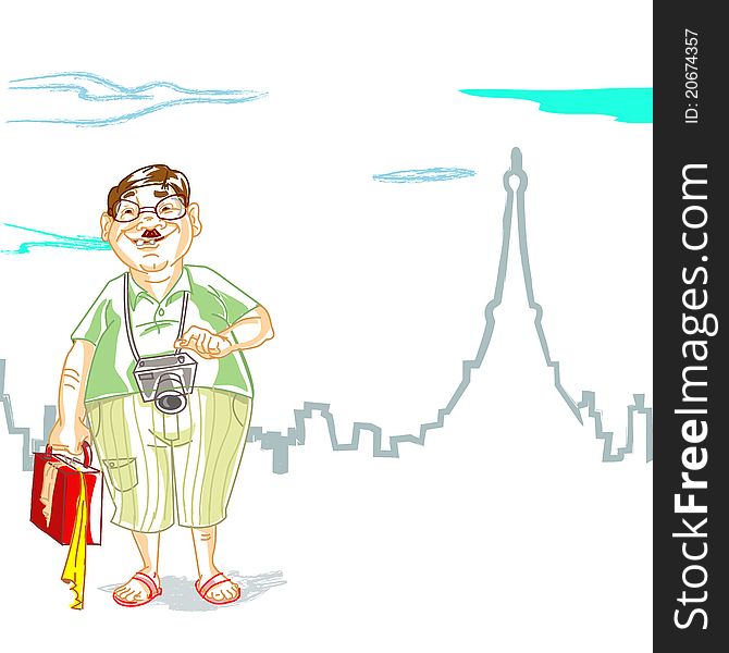 Illustration of fat tourist with luggage in front of eiffel tower