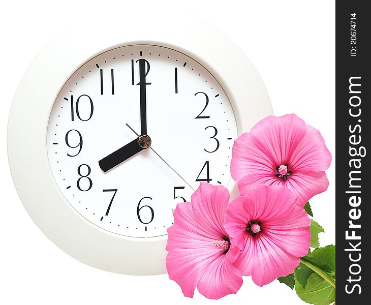 Wall clock with pink flowers on white