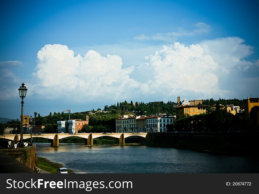 The blue sky and the ancient bridge in Florence, Italy