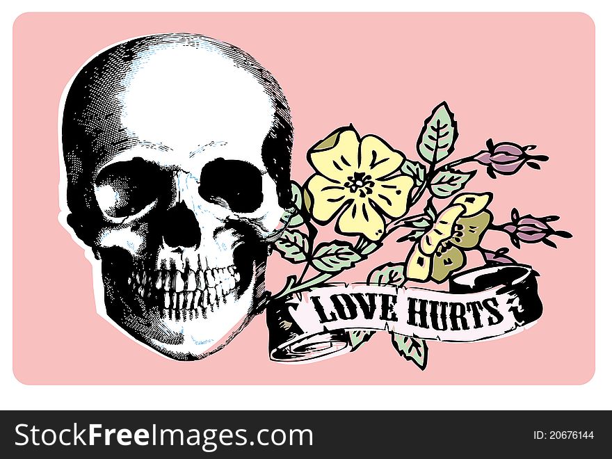 Retro skull, flower bouquet and banner illustration. Retro skull, flower bouquet and banner illustration