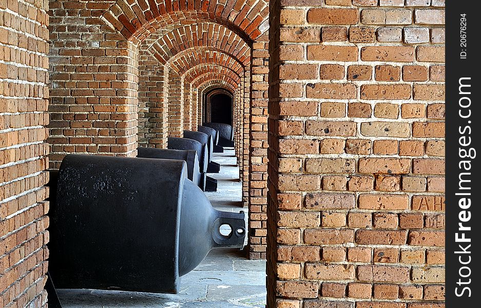 A Row Of Cannon In A Civil War Fort. A Row Of Cannon In A Civil War Fort