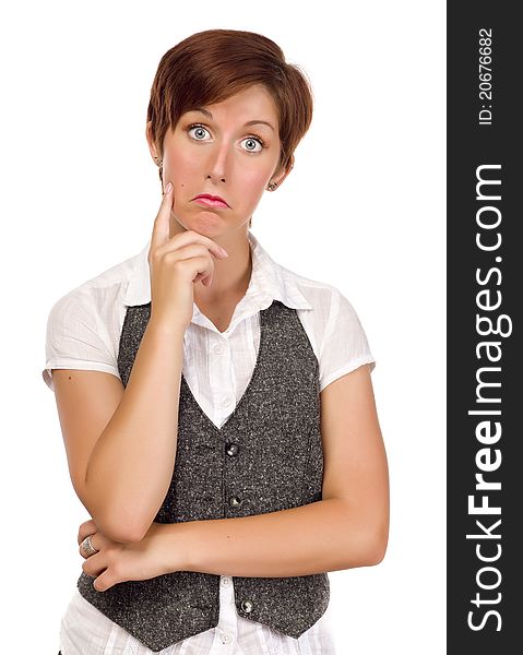 Pretty Smiling Young Adult Female with Funny Expression on a White Background. Pretty Smiling Young Adult Female with Funny Expression on a White Background.