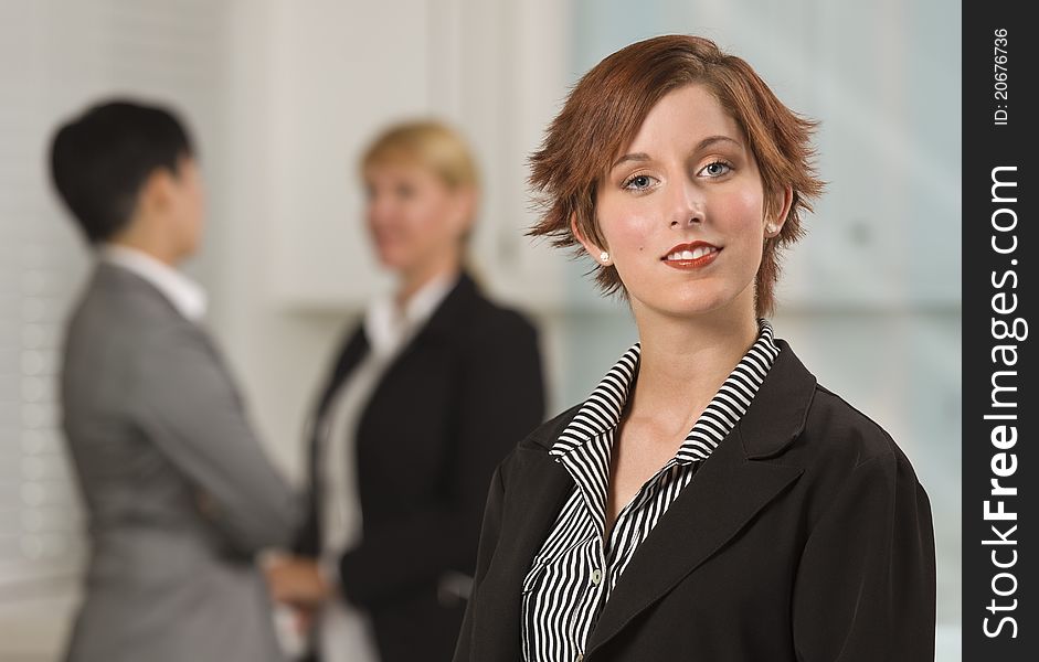 Pretty Red Haired Businesswoman with Colleagues Behind in an Office Setting. Pretty Red Haired Businesswoman with Colleagues Behind in an Office Setting.
