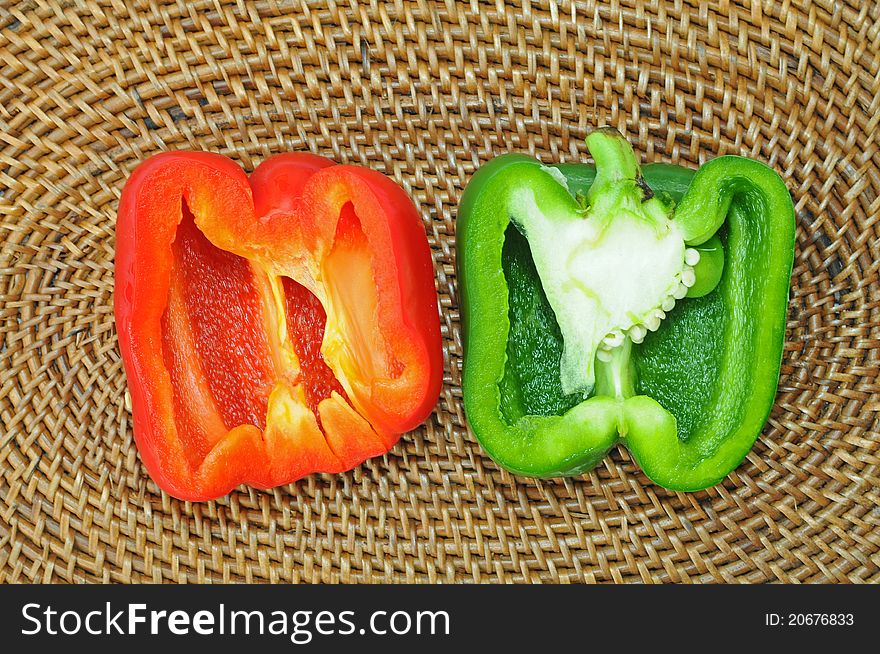 Sectional View Of Red And Green Capsicums. Sectional View Of Red And Green Capsicums