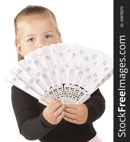 A pretty little preschooler peering over the fancysparkly white hand-fan she'd holding. A pretty little preschooler peering over the fancysparkly white hand-fan she'd holding.