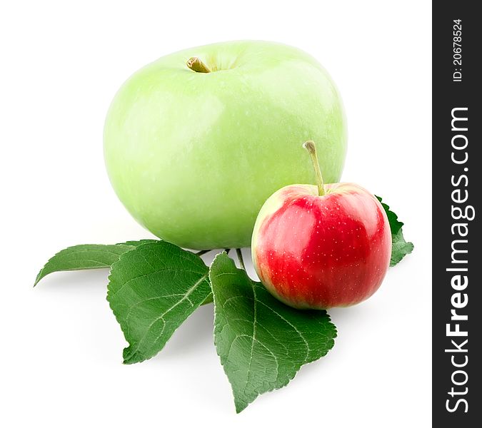 Green apple with leafs and small red apple on white background