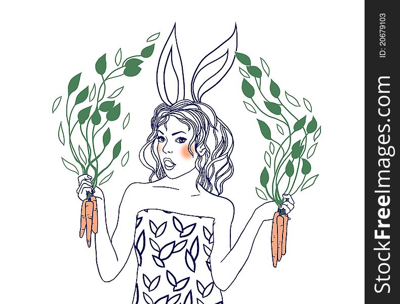 Vector illustration with girl with rabbit ears and carrots. Vector illustration with girl with rabbit ears and carrots