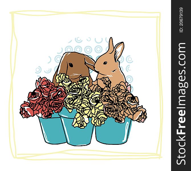 Easter card with two rabbits on flowers. Easter card with two rabbits on flowers