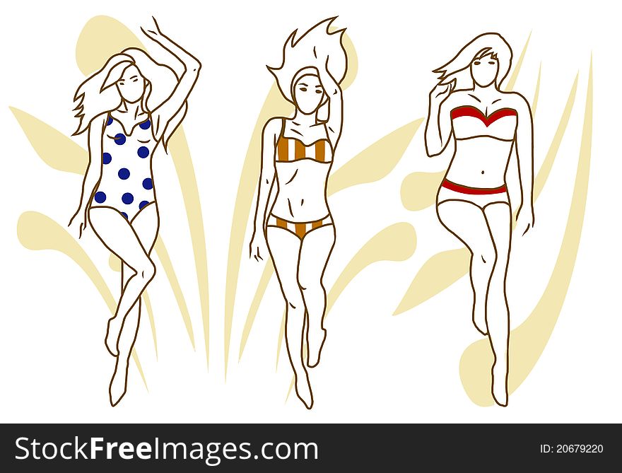 illustration with three women on swimsuits. illustration with three women on swimsuits