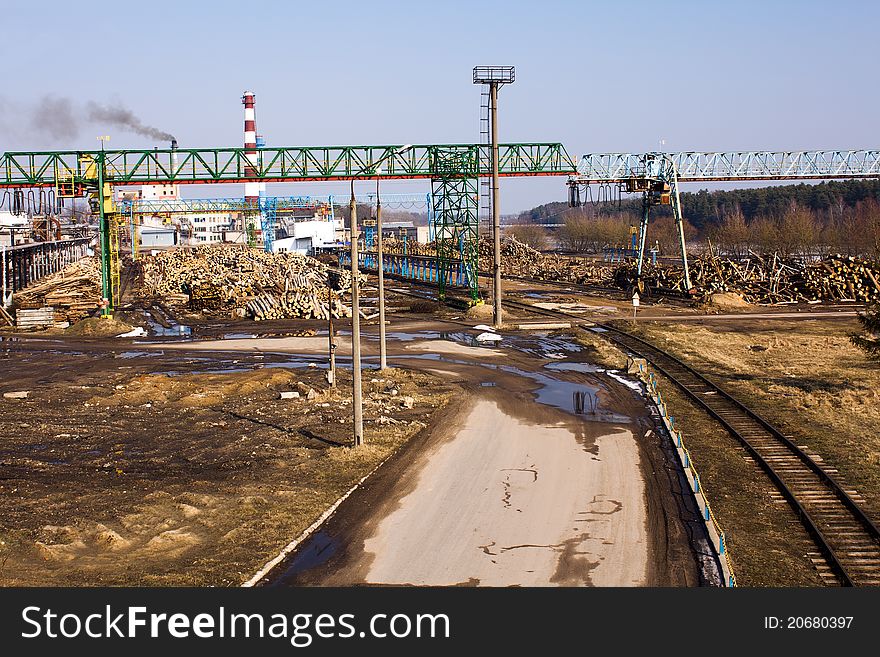 Logs lying on the earth in factory territory on a woodworking (in a spring season). Logs lying on the earth in factory territory on a woodworking (in a spring season)